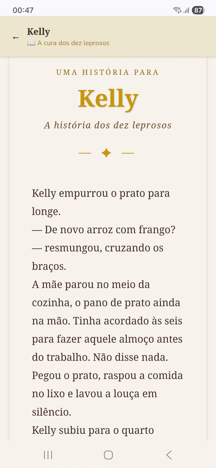 Exemplo de história personalizada da Kelly dentro do app Biblee