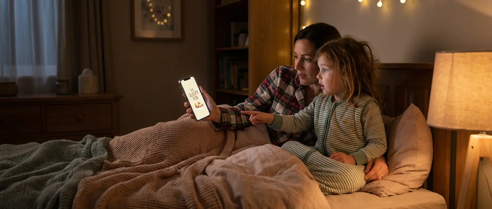 Mãe e filha lendo uma história Biblee no celular antes de dormir