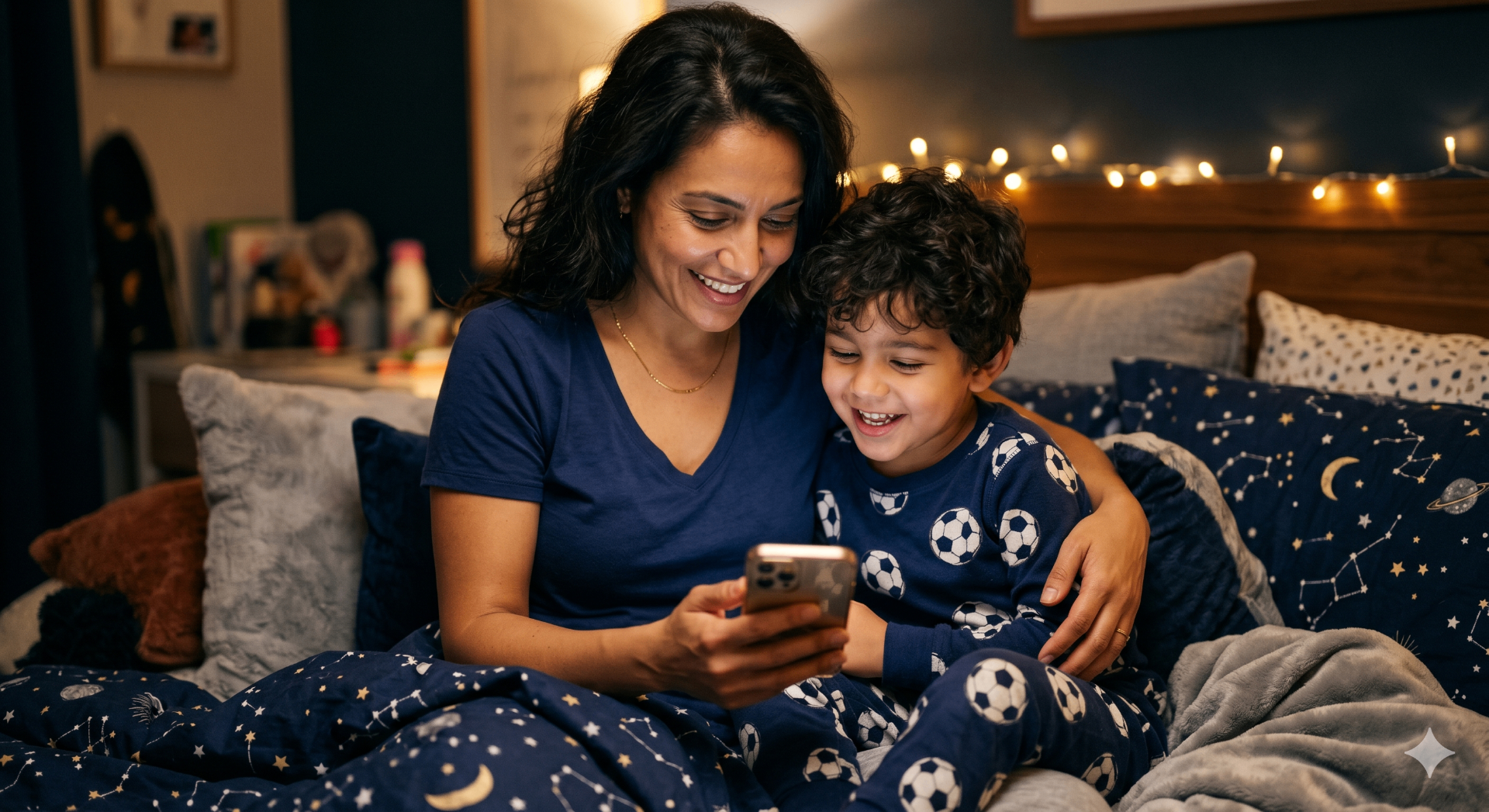 Mãe lendo uma história Biblee no celular para o filho na cama