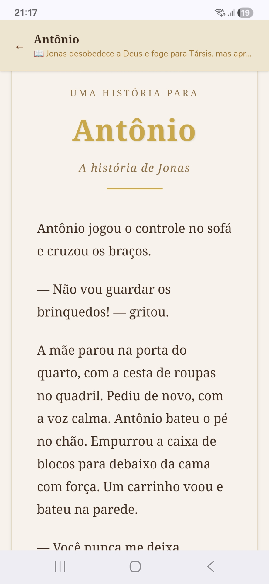 Exemplo de história personalizada do Antônio dentro do app Biblee